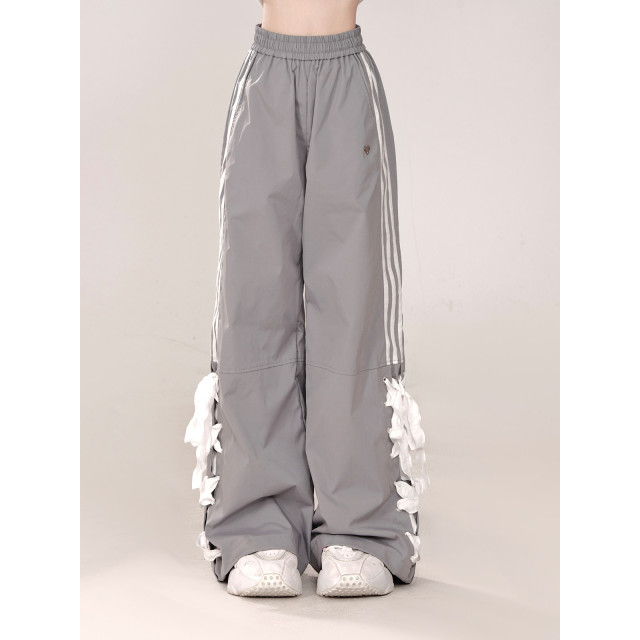 心動蕾絲 灰色百搭設計感學院風休閑直筒拖地運動長褲