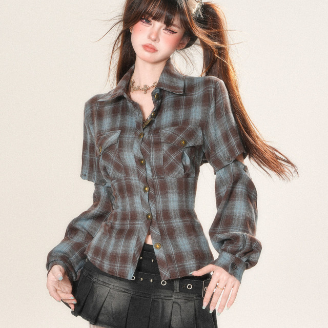 巴黎畫冊 法式復古格子襯衫女夏長袖顯瘦正肩收腰上衣