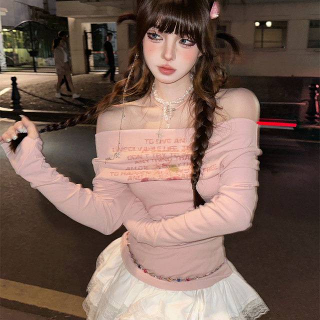 春日調色盤 一字肩長袖收腰辣妹T恤春夏修身顯瘦上衣