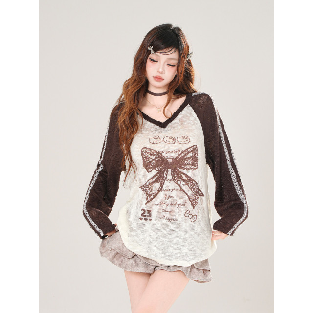 蝴蝶結歐尼 美式蕾絲薄款針織T恤女秋寬松顯瘦V領上衣