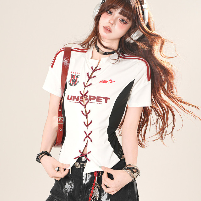 反叛基因  正肩美式辣妹短袖T恤女夏收腰顯瘦短款上衣