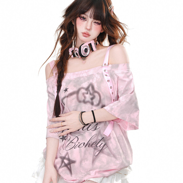 山櫻漫島 一字肩露肩短袖吊帶T恤女夏寬松甜美顯瘦上衣