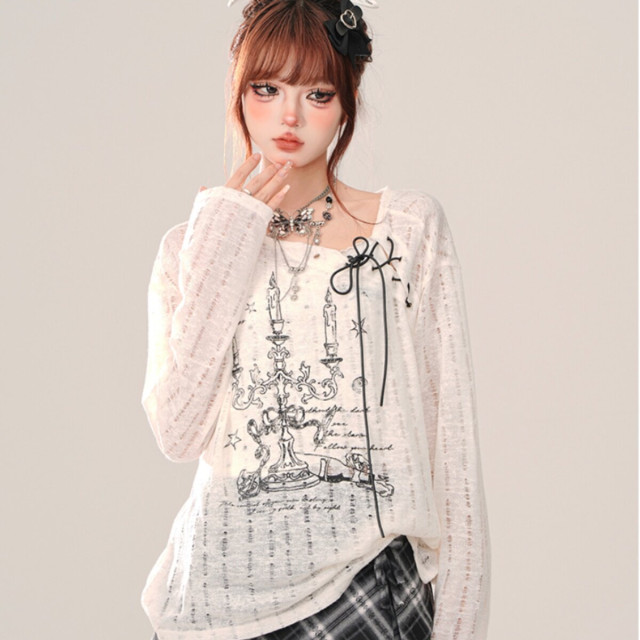 銀色山泉 薄款鏤空罩衫女夏季寬松長袖防曬衣白色上衣