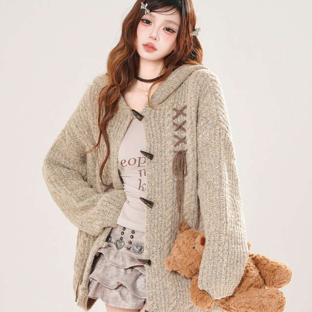 流浪小兔 韓系慵懶風連帽針織毛衣女秋季寬松顯瘦上衣