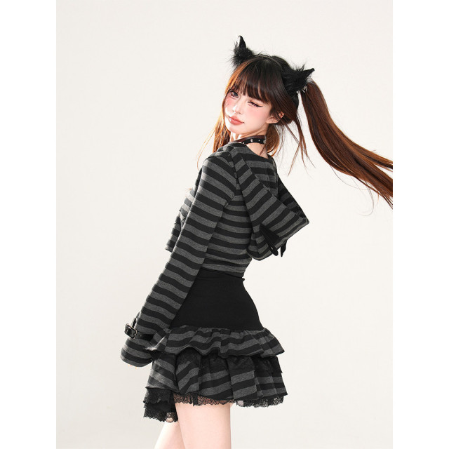 潮酷辣妹 美式復古條紋套裝女夏長袖連帽上衣蕾絲短裙