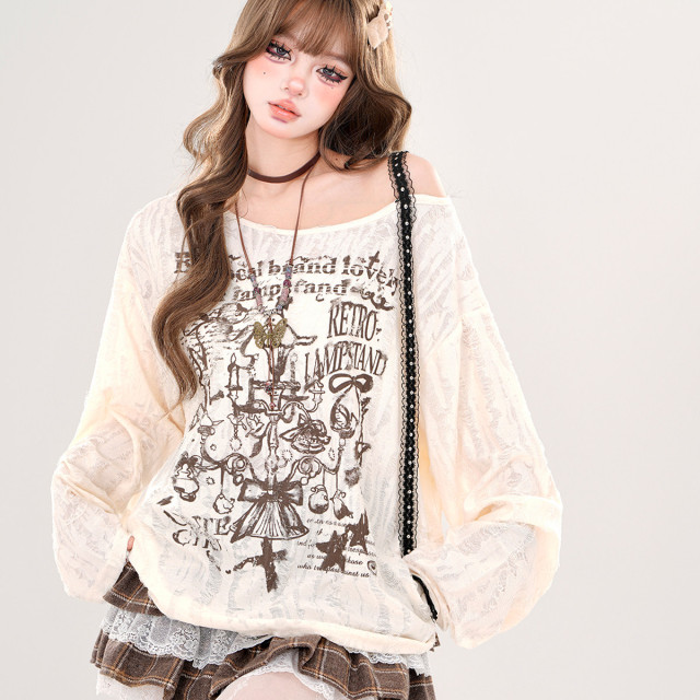 港島小調 韓系慵懶風蕾絲斜肩針織衫春夏寬松破洞上衣