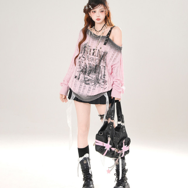 亞門永存 韓系斜肩鏤空針織衫女秋寬松顯瘦T恤粉色上衣