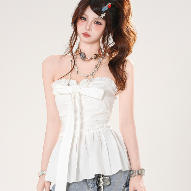 白色信封 一字肩法式T恤女夏季收腰顯瘦辣妹襯衫上衣