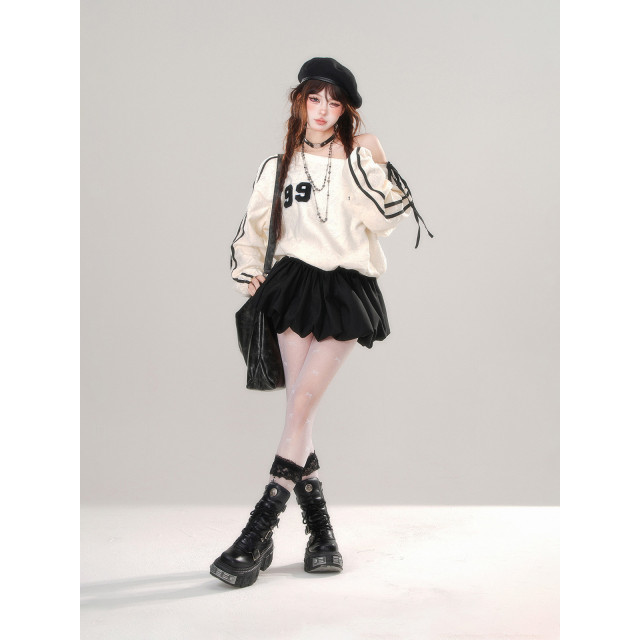 梨花先雪 美式斜肩收腰連衣裙秋冬寬松拼接衛衣裙短裙