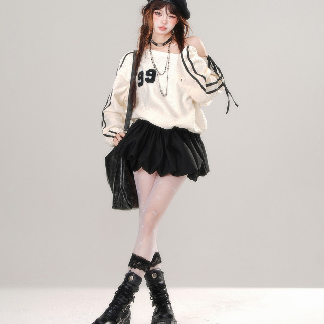 梨花先雪 美式斜肩收腰連衣裙秋冬寬松拼接衛衣裙短裙