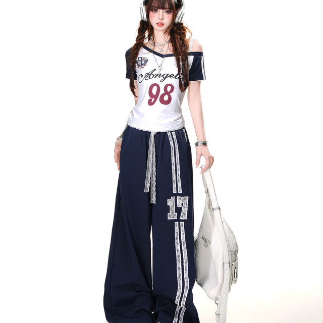 美高附校 美式辣妹短袖T恤女夏季修身顯瘦斜肩短款上衣