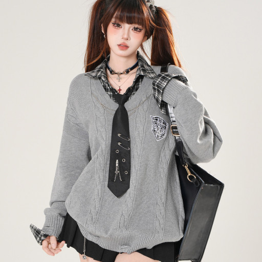 普卡裡島假兩件美式學院風針織毛衣女秋寬松顯瘦上衣