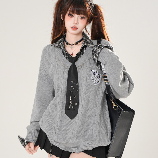 普卡裡島假兩件美式學院風針織毛衣女秋寬松顯瘦上衣