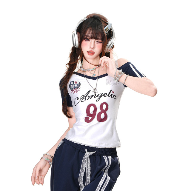 美高附校 美式辣妹短袖T恤女夏季修身顯瘦斜肩短款上衣