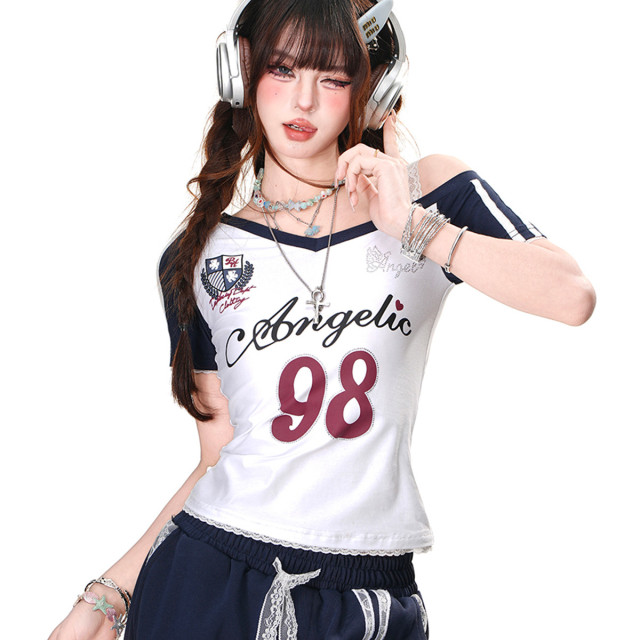 美高附校 美式辣妹短袖T恤女夏季修身顯瘦斜肩短款上衣