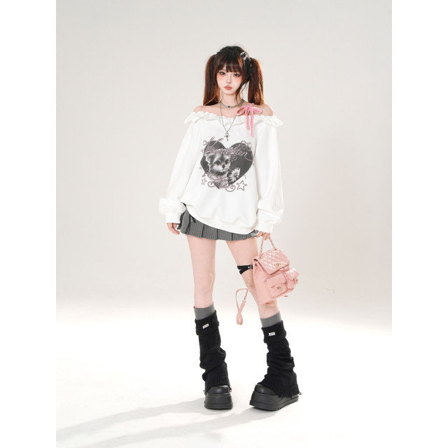 野花小狗 一字肩美式衛衣女秋季寬松顯瘦可愛白色上衣