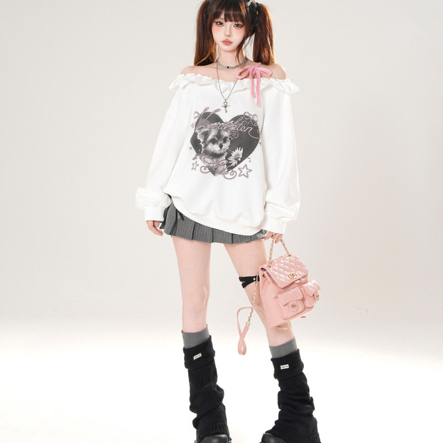 野花小狗 一字肩美式衛衣女秋季寬松顯瘦可愛白色上衣