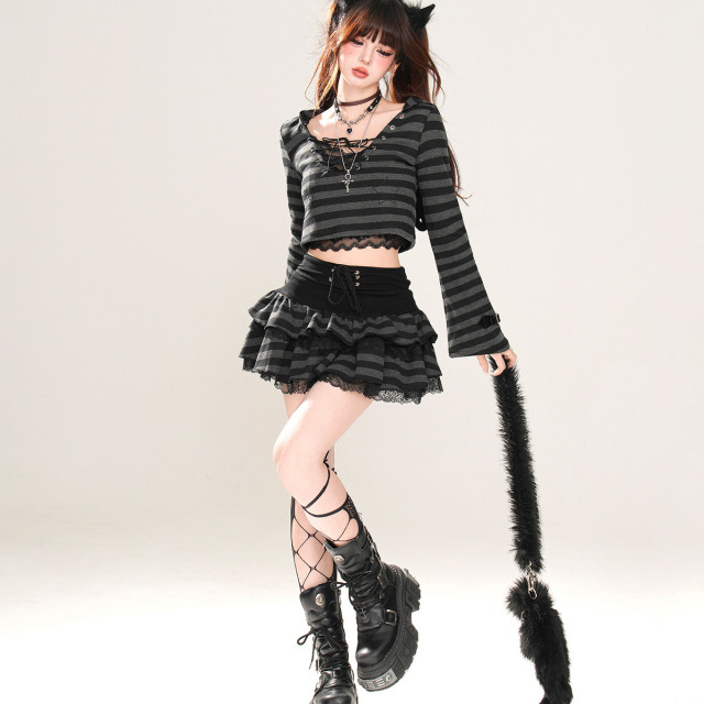 潮酷辣妹 美式復古條紋套裝女夏長袖連帽上衣蕾絲短裙