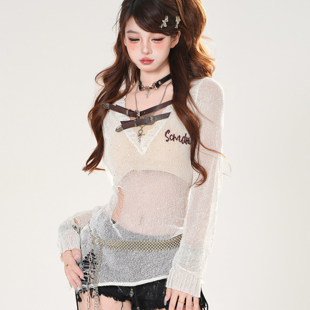 純欲密碼 絕美薄款網紗鏤空防曬罩衫女夏收腰顯瘦上衣