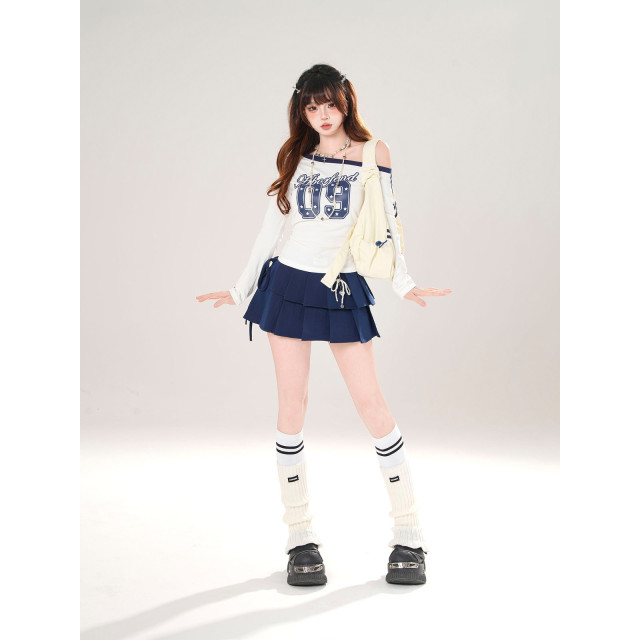 巴斯期刊 美式長袖斜肩辣妹T恤女秋季收腰顯瘦白色上衣