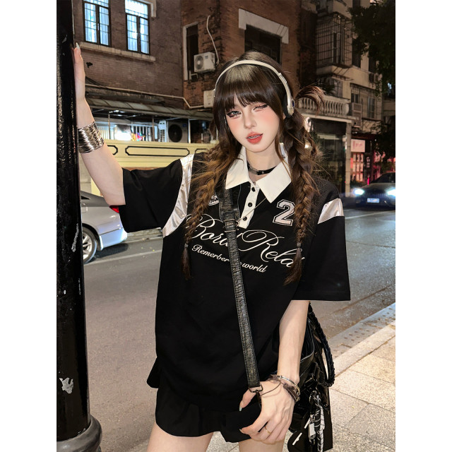 藤校優等生  美式短袖運動T恤女夏季寬松顯瘦黑色上衣