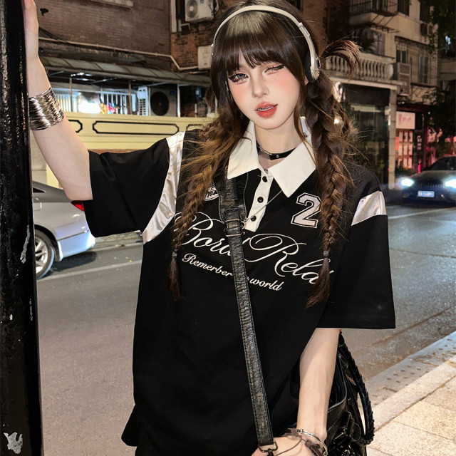 藤校優等生  美式短袖運動T恤女夏季寬松顯瘦黑色上衣