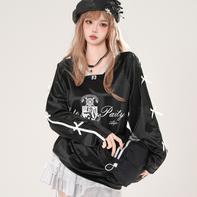 利茲美院生 美式潮牌衛衣女秋季寬松V領顯瘦運動上衣