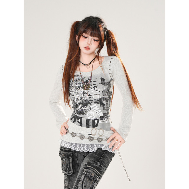 千禧辣妹 正肩美式長袖蕾絲T恤女秋季收腰顯瘦灰色上衣