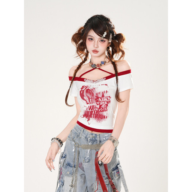 熱浪霓虹 美式短袖蕾絲掛脖T恤女夏季辣妹顯瘦短款上衣