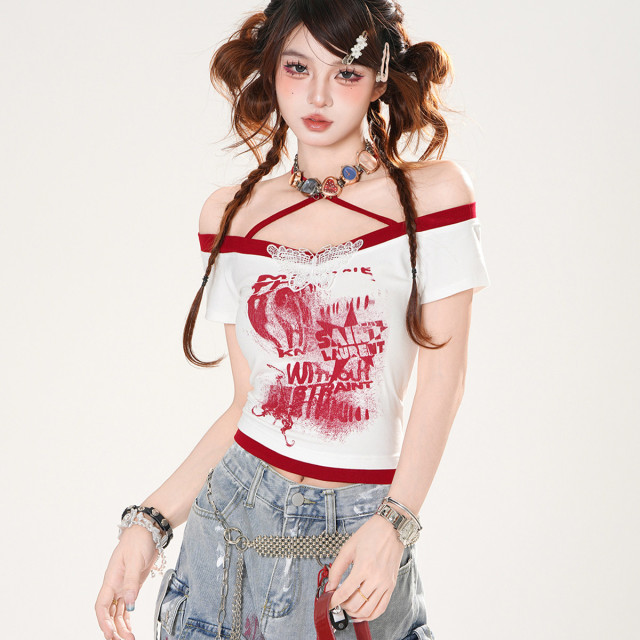 熱浪霓虹 美式短袖蕾絲掛脖T恤女夏季辣妹顯瘦短款上衣