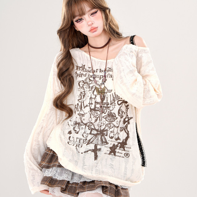 港島小調 韓系慵懶風蕾絲斜肩針織衫春夏寬松破洞上衣