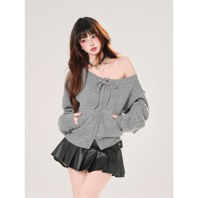 佩裡斯香肩 韓系露肩針織開衫毛衣外套女秋冬寬松上衣