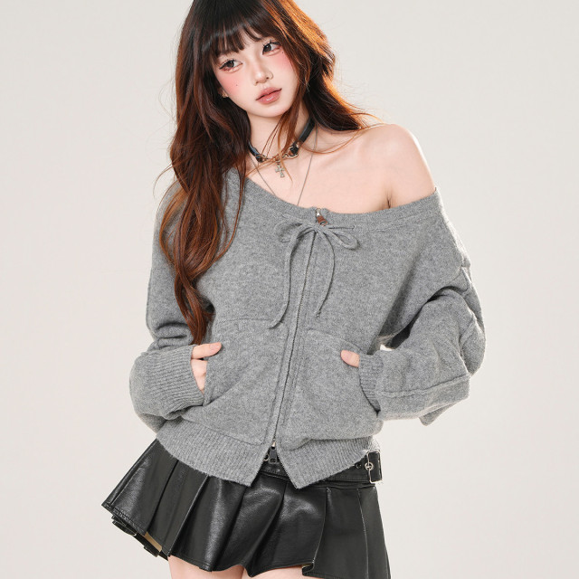 佩裡斯香肩 韓系露肩針織開衫毛衣外套女秋冬寬松上衣