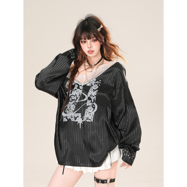 英倫軼事 美式V領蕾絲條紋衛衣女夏季寬松顯瘦運動上衣