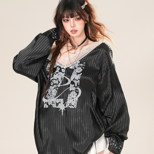 英倫軼事 美式V領蕾絲條紋衛衣女夏季寬松顯瘦運動上衣