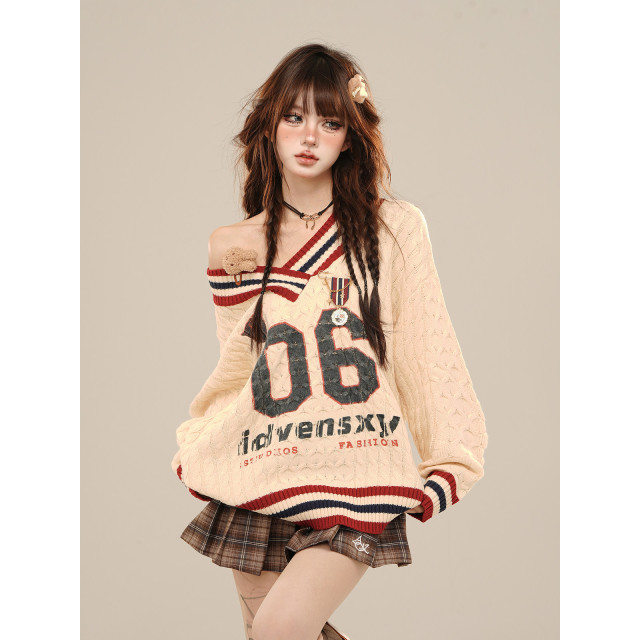 沃茨學院 %美式慵懶露肩毛衣女秋冬寬松V領麻花上衣