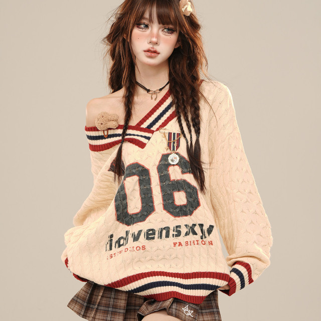 沃茨學院 %美式慵懶露肩毛衣女秋冬寬松V領麻花上衣