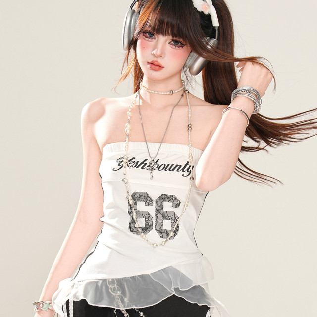 甜酷月刊 美式辣妹網紗吊帶背心女夏無袖顯瘦抹胸上衣