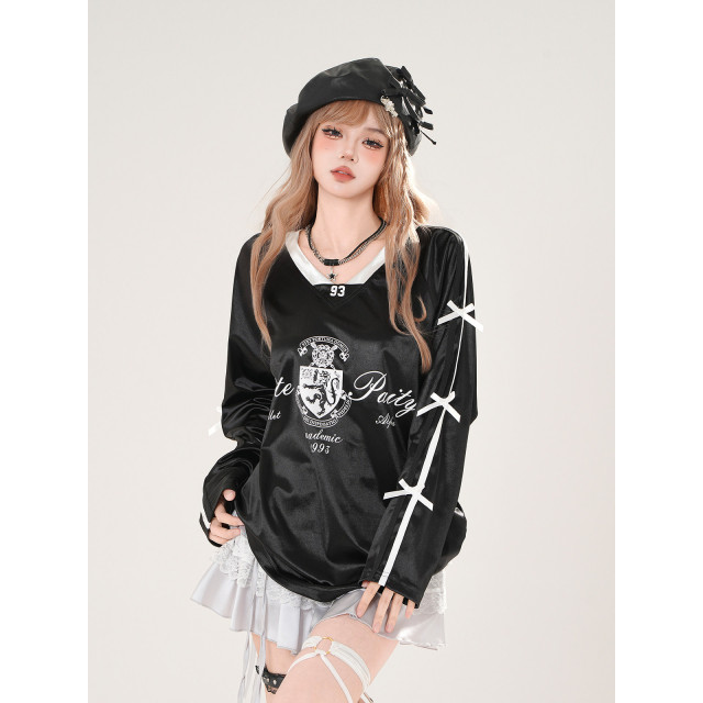 利茲美院生 美式潮牌衛衣女秋季寬松V領顯瘦運動上衣