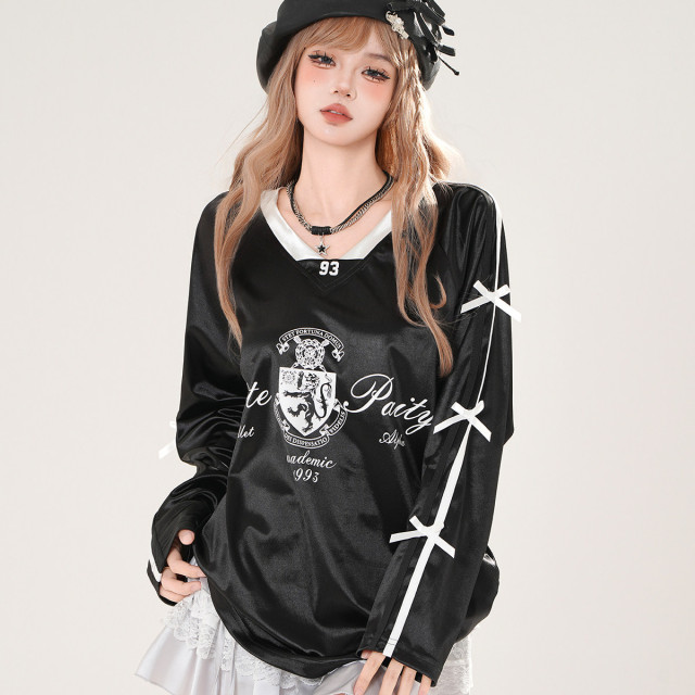 利茲美院生 美式潮牌衛衣女秋季寬松V領顯瘦運動上衣