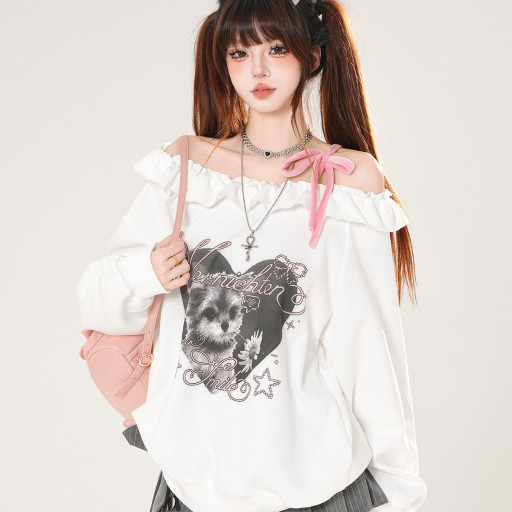 野花小狗 一字肩美式衛衣女秋季寬松顯瘦可愛白色上衣