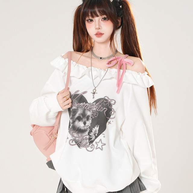 野花小狗 一字肩美式衛衣女秋季寬松顯瘦可愛白色上衣