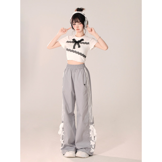 心動蕾絲 灰色百搭設計感學院風休閑直筒拖地運動長褲