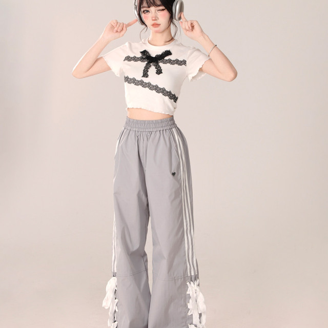 心動蕾絲 灰色百搭設計感學院風休閑直筒拖地運動長褲