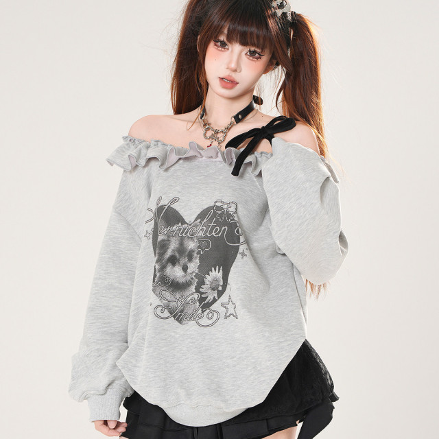 野花小狗 一字肩美式衛衣女秋季寬松顯瘦可愛白色上衣