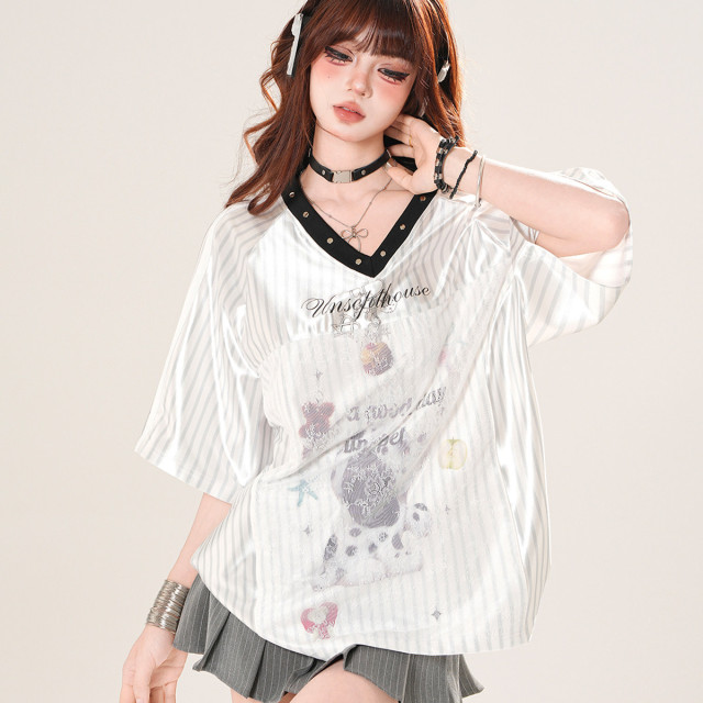 報社奈奈 美式V領條紋正肩短袖T恤女夏季寬松顯瘦上衣