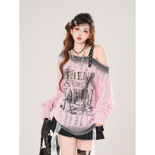 亞門永存 韓系斜肩鏤空針織衫女秋寬松顯瘦T恤粉色上衣