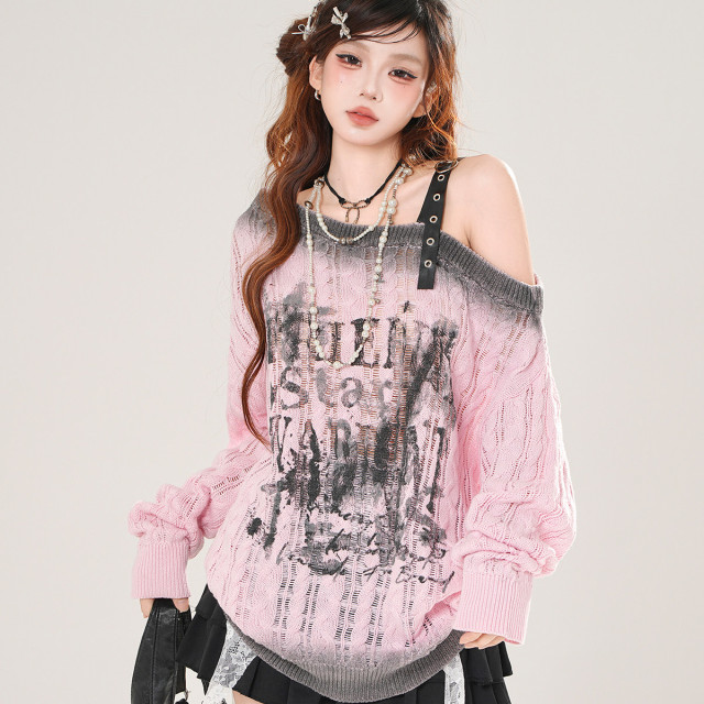 亞門永存 韓系斜肩鏤空針織衫女秋寬松顯瘦T恤粉色上衣
