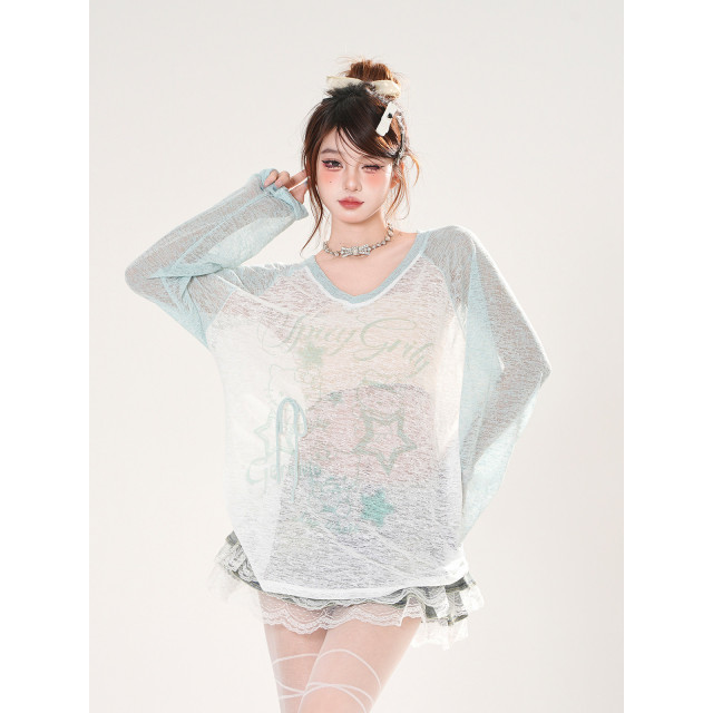 薄荷青提 薄荷綠V領薄款防曬罩衫女夏寬松顯瘦絕美上衣