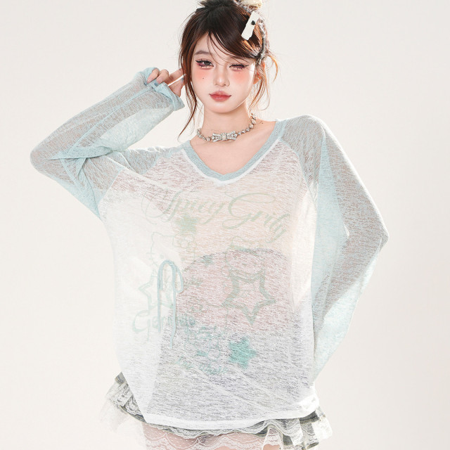 薄荷青提 薄荷綠V領薄款防曬罩衫女夏寬松顯瘦絕美上衣